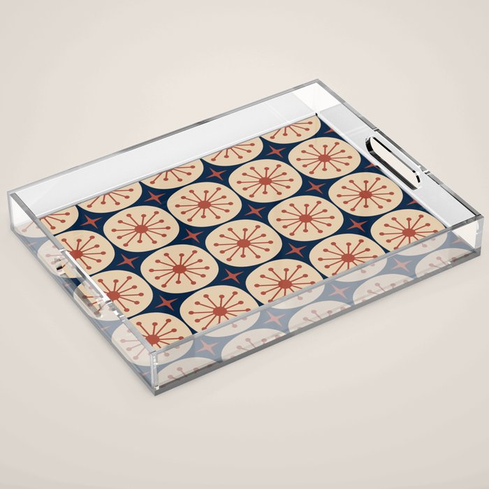 Retro Mid Century Modern Atomic Dots and Stars Pattern in Mid Mod Orange Beige Navy Blue Acrylic Tray Gallery Image 1