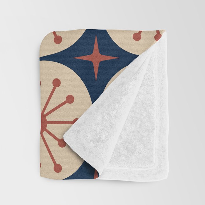 Retro Mid Century Modern Atomic Dots and Stars Pattern in Mid Mod Orange Beige Navy Blue Throw Blanket Gallery Image 3