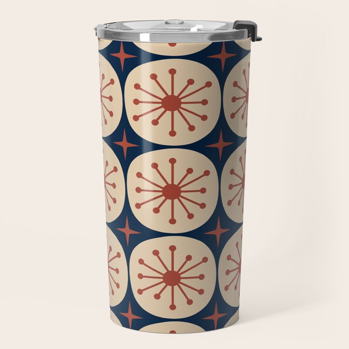 Retro Mid Century Modern Atomic Dots and Stars Pattern in Mid Mod Orange Beige Navy Blue Travel Mug Gallery Image 2