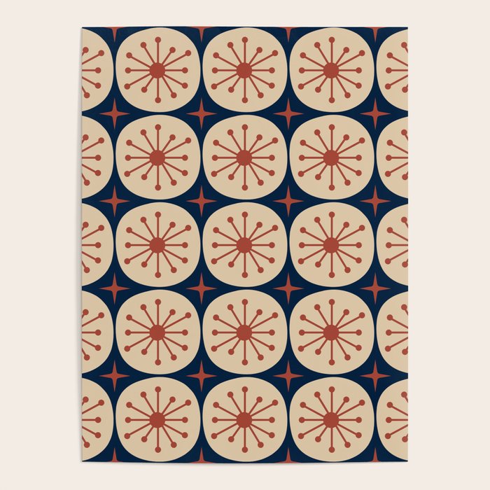 Retro Mid Century Modern Atomic Dots and Stars Pattern in Mid Mod Orange Beige Navy Blue Poster Gallery Image 1