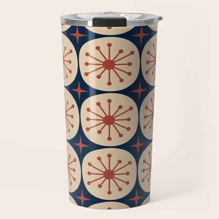 Retro Mid Century Modern Atomic Dots and Stars Pattern in Mid Mod Orange Beige Navy Blue Travel Mug Gallery Image 1