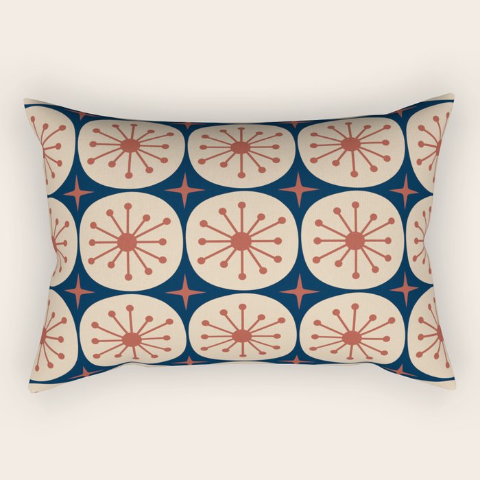 Retro Mid Century Modern Atomic Dots and Stars Pattern in Mid Mod Orange Beige Navy Blue Rectangular Pillow Gallery Image 1