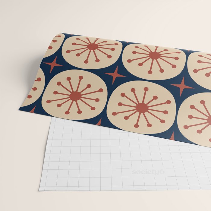 Retro Mid Century Modern Atomic Dots and Stars Pattern in Mid Mod Orange Beige Navy Blue Wrapping Paper Gallery Image 2