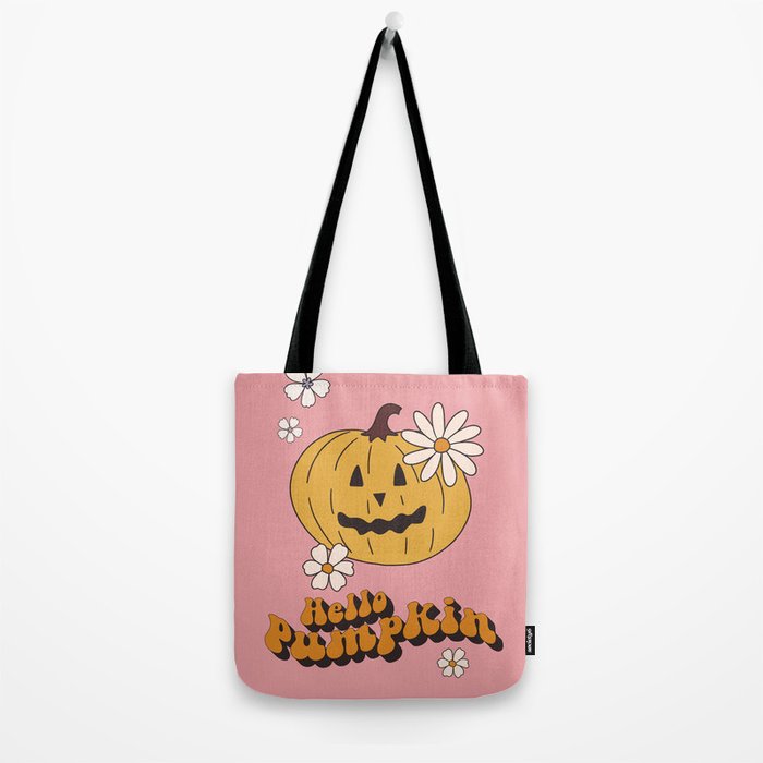 Hello Pumpkin Retro Pink Floral Print Tote Bag Gallery Image 2