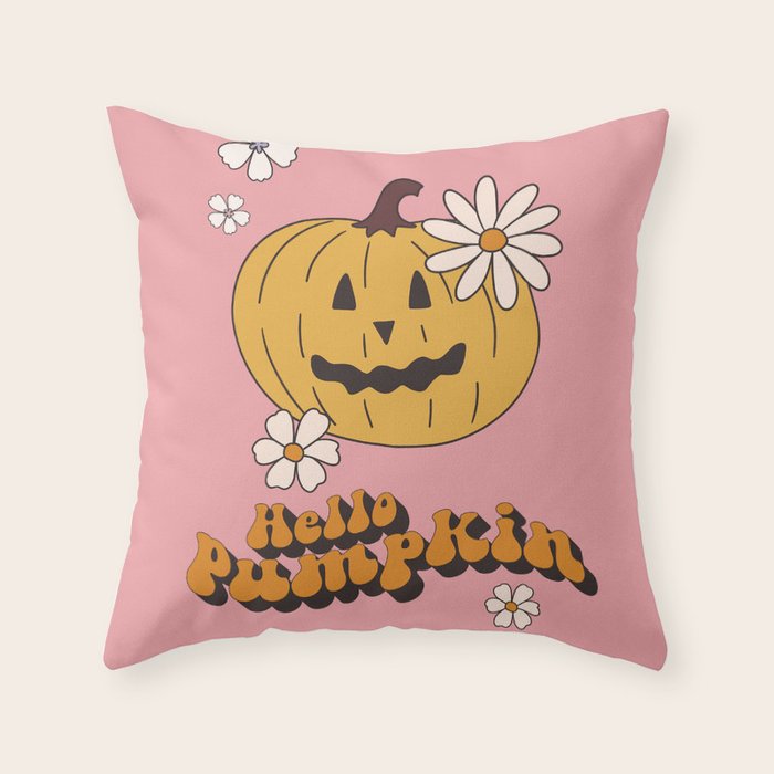Hello Pumpkin Retro Pink Floral Print Throw Pillow Gallery Image 6