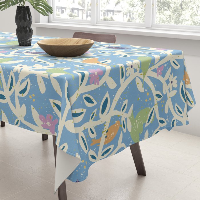 Birds in branches chalky blue Tablecloth Gallery Image 3