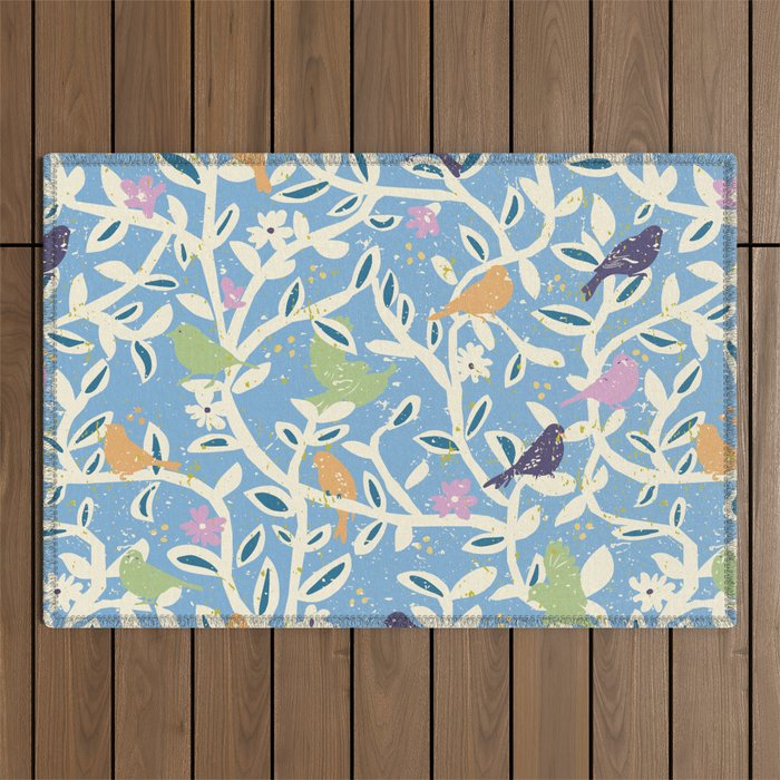 Birds in branches chalky blue Outdoor Rug Gallery Image 1