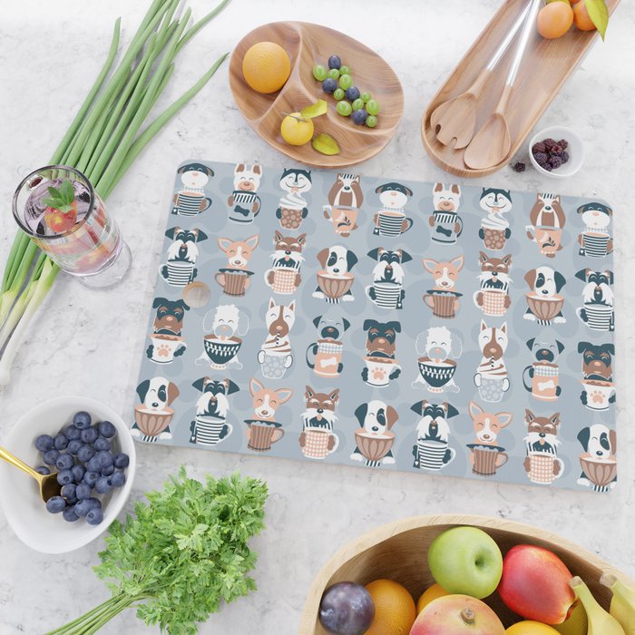 Doggie Coffee and Tea Time I // blue grey Cutting Board Gallery Image 2