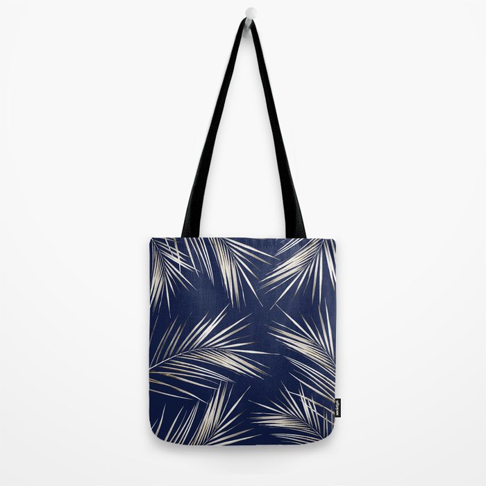 White Gold Palm Leaves on Navy Blue Tote Bag Gallery Image 2