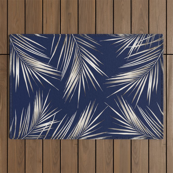 White Gold Palm Leaves on Navy Blue Outdoor Rug Gallery Image 1