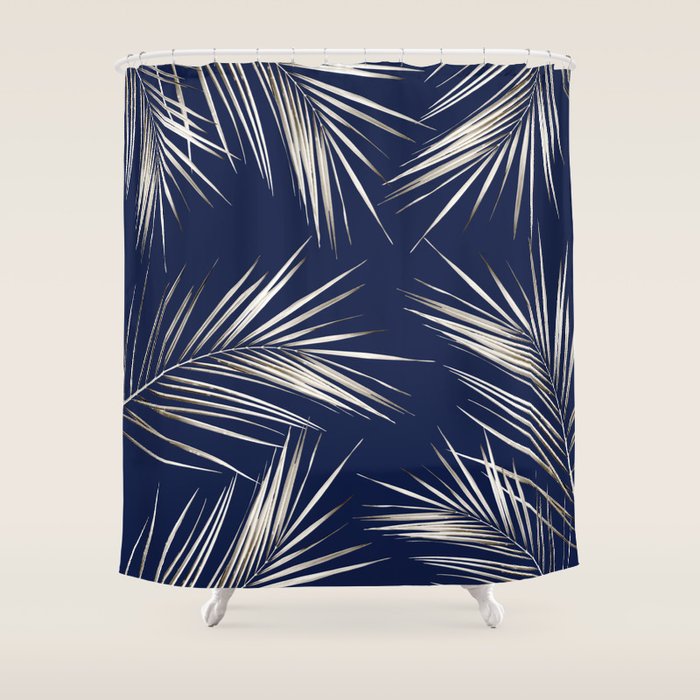 White Gold Palm Leaves on Navy Blue Shower Curtain Gallery Image 1