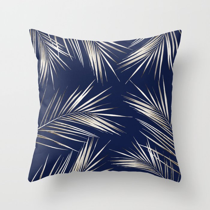 White Gold Palm Leaves on Navy Blue Throw Pillow Gallery Image 6