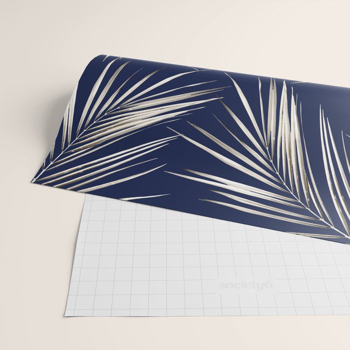 White Gold Palm Leaves on Navy Blue Wrapping Paper Gallery Image 2