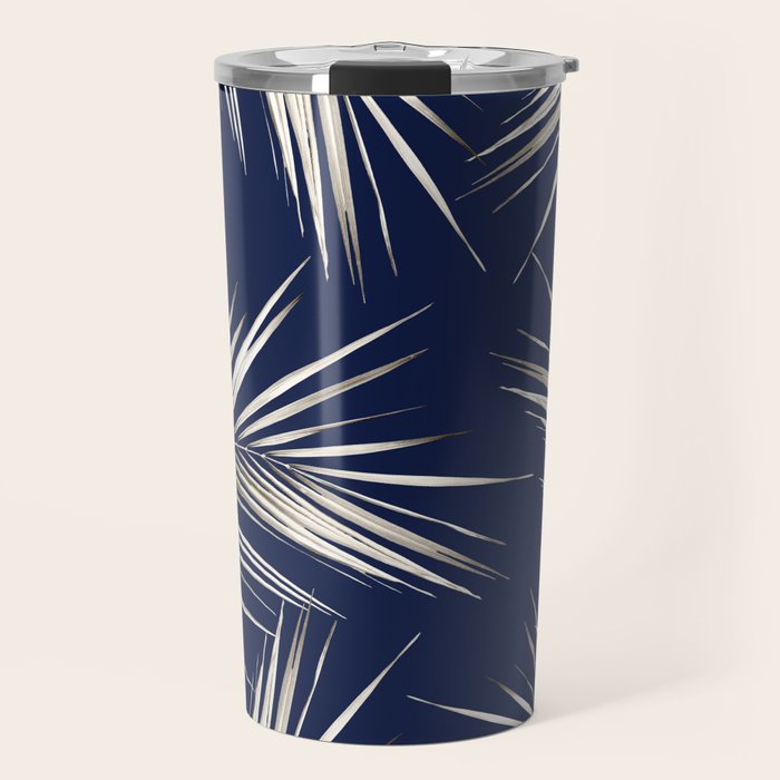 White Gold Palm Leaves on Navy Blue Travel Mug Gallery Image 1