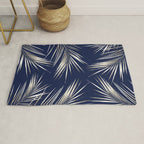 White Gold Palm Leaves on Navy Blue Rug Gallery Image 1