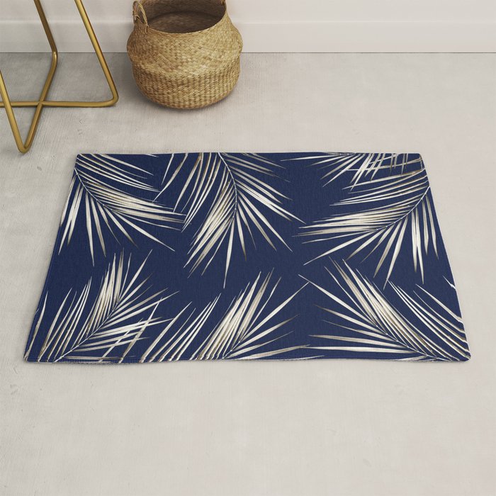 White Gold Palm Leaves on Navy Blue Rug Gallery Image 1