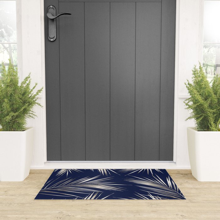 White Gold Palm Leaves on Navy Blue Welcome Mat Gallery Image 3