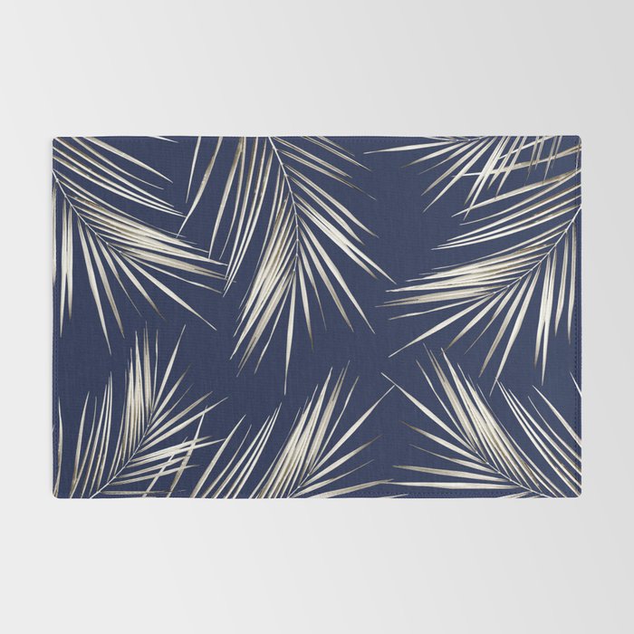 White Gold Palm Leaves on Navy Blue Rug Gallery Image 2