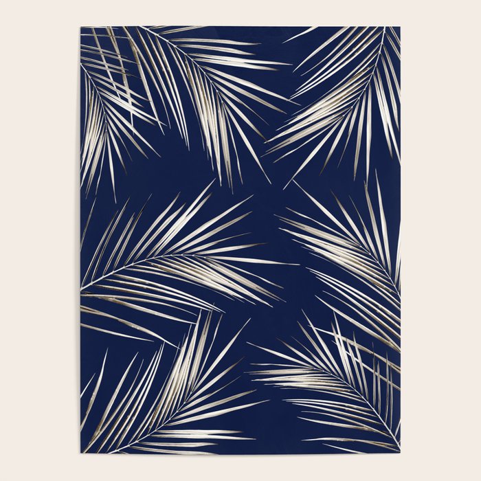 White Gold Palm Leaves on Navy Blue Poster Gallery Image 4