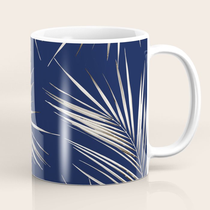 White Gold Palm Leaves on Navy Blue Coffee Mug Gallery Image 1