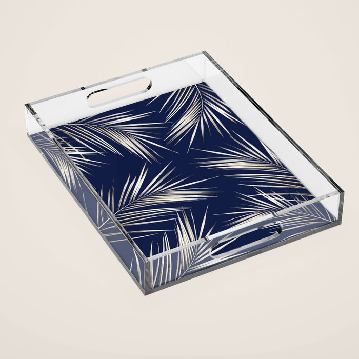 White Gold Palm Leaves on Navy Blue Acrylic Tray Gallery Image 1