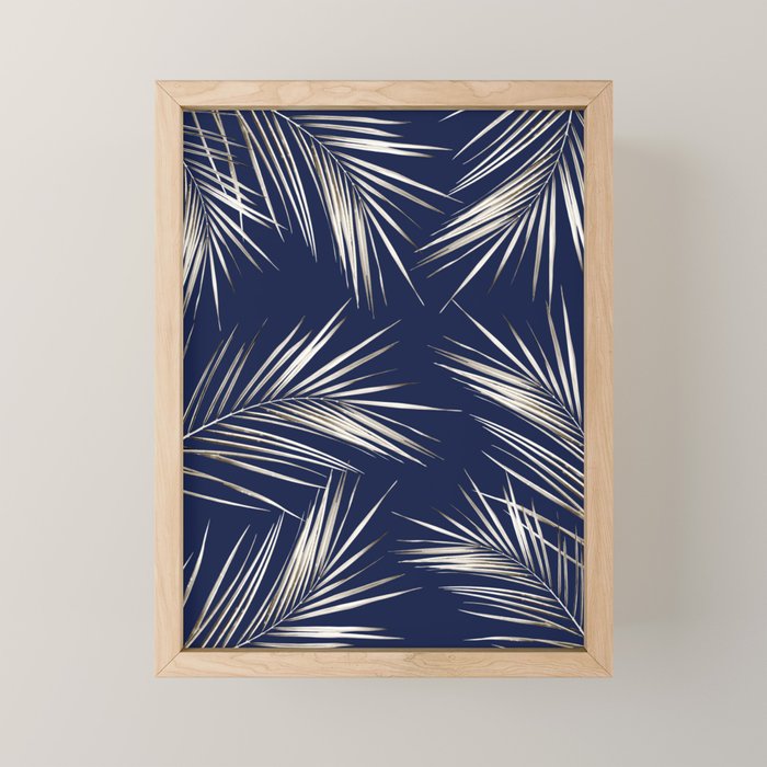 White Gold Palm Leaves on Navy Blue Mini Art Print Gallery Image 1