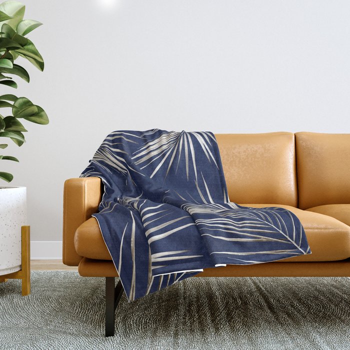 White Gold Palm Leaves on Navy Blue Throw Blanket Gallery Image 1