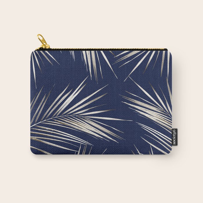 White Gold Palm Leaves on Navy Blue Carry All Pouch Gallery Image 1