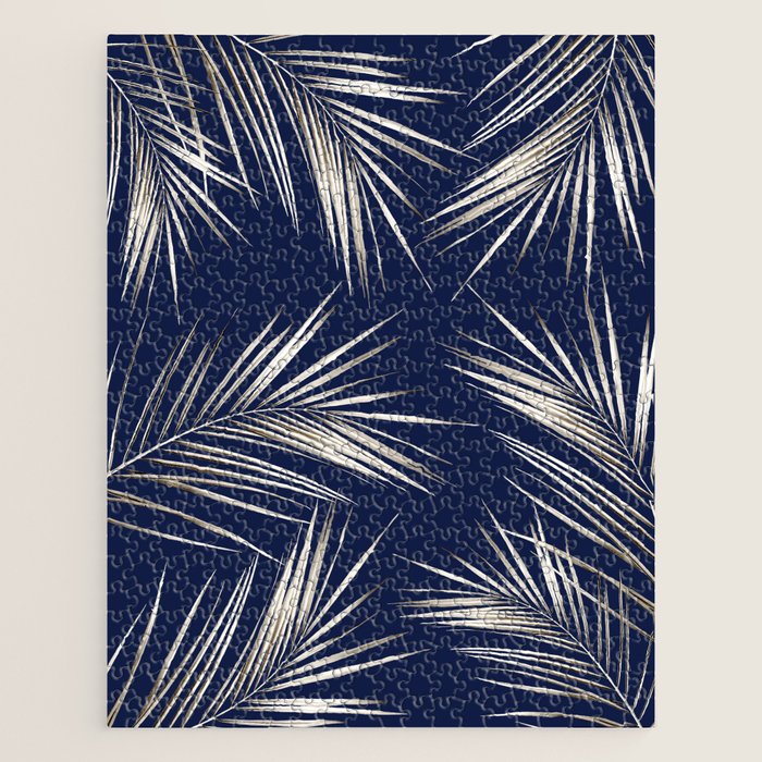 White Gold Palm Leaves on Navy Blue Jigsaw Puzzle Gallery Image 1