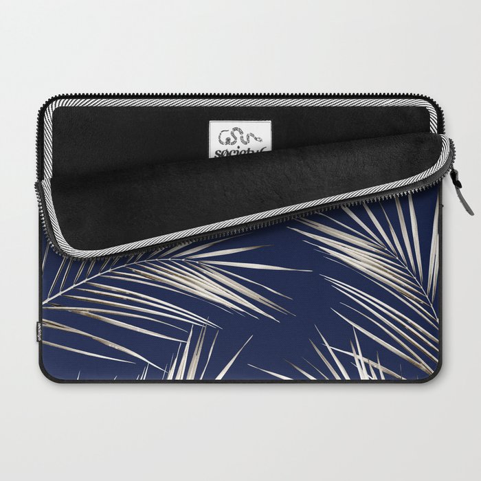 White Gold Palm Leaves on Navy Blue Laptop Sleeve Gallery Image 2