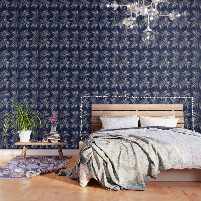 White Gold Palm Leaves on Navy Blue Wallpaper Gallery Image 1