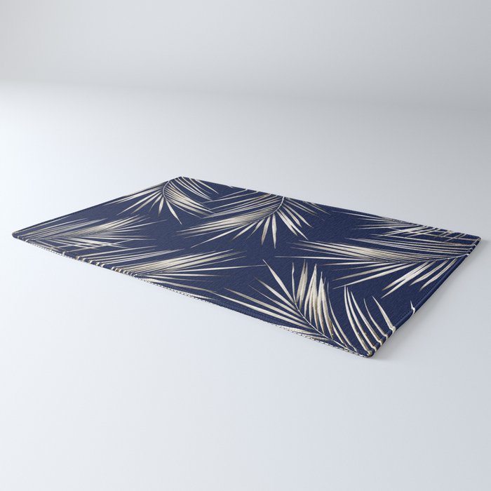 White Gold Palm Leaves on Navy Blue Rug Gallery Image 3