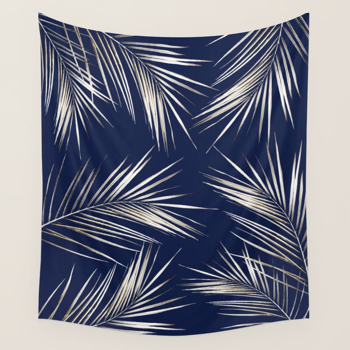 White Gold Palm Leaves on Navy Blue Wall Tapestry Gallery Image 4