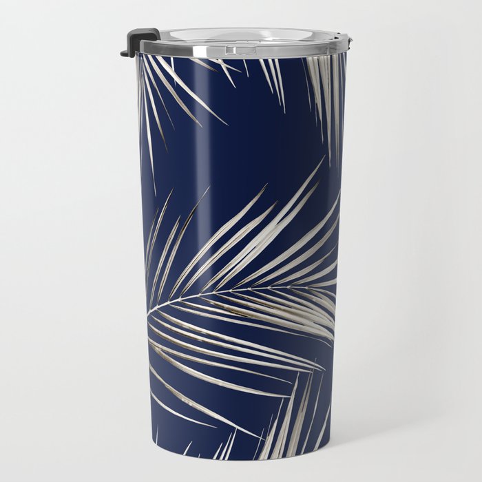 White Gold Palm Leaves on Navy Blue Travel Mug Gallery Image 3