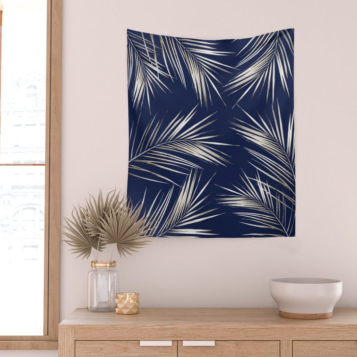 White Gold Palm Leaves on Navy Blue Wall Tapestry Gallery Image 2