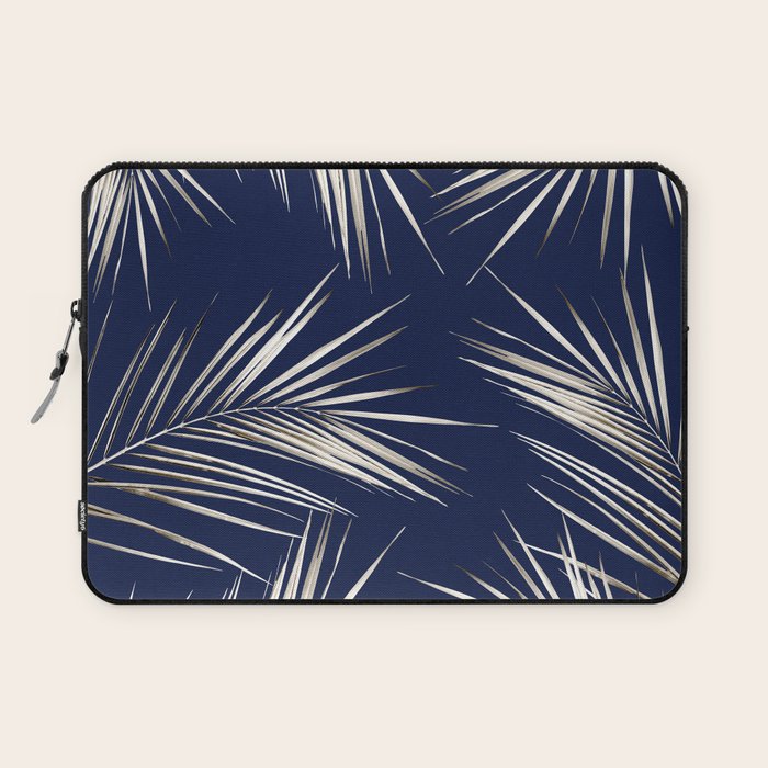 White Gold Palm Leaves on Navy Blue Laptop Sleeve Gallery Image 1