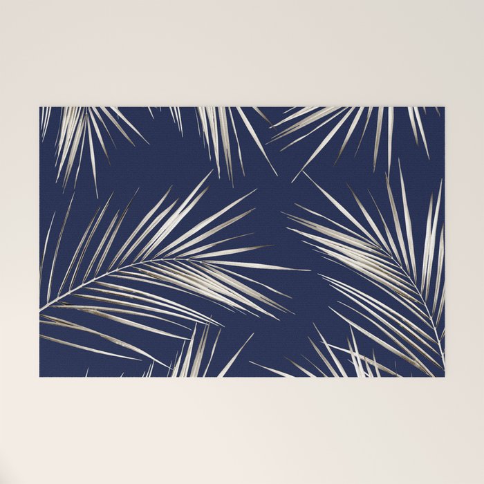 White Gold Palm Leaves on Navy Blue Welcome Mat Gallery Image 1