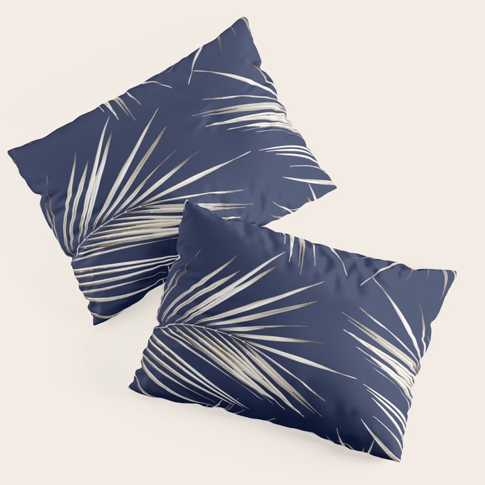 White Gold Palm Leaves on Navy Blue Pillow Sham Gallery Image 3