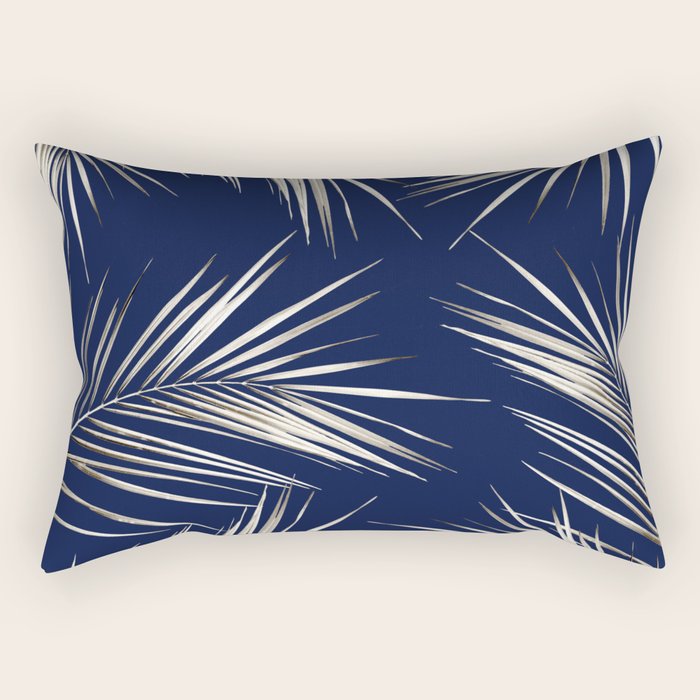 White Gold Palm Leaves on Navy Blue Rectangular Pillow Gallery Image 1