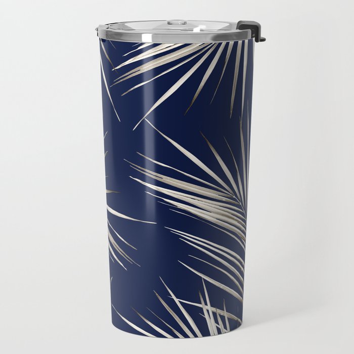 White Gold Palm Leaves on Navy Blue Travel Mug Gallery Image 2