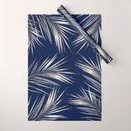 White Gold Palm Leaves on Navy Blue Wrapping Paper Gallery Image 1