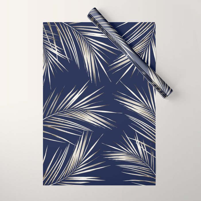 White Gold Palm Leaves on Navy Blue Wrapping Paper Gallery Image 1