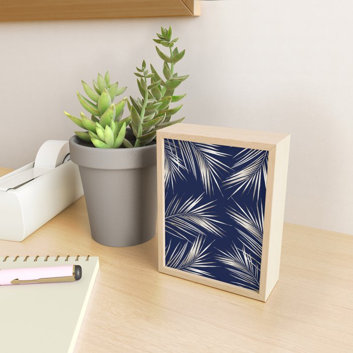 White Gold Palm Leaves on Navy Blue Mini Art Print Gallery Image 2