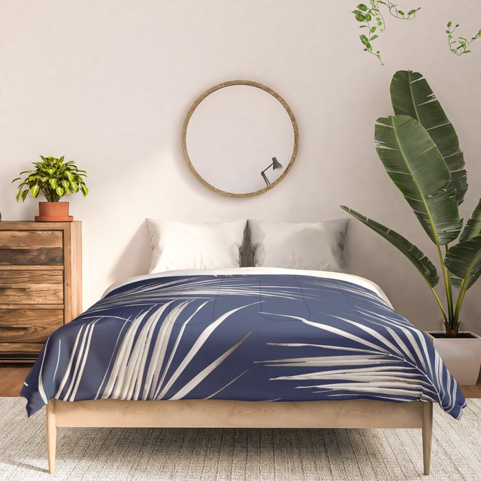 White Gold Palm Leaves on Navy Blue Comforter Gallery Image 3