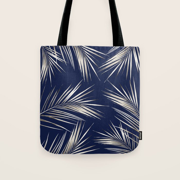 White Gold Palm Leaves on Navy Blue Tote Bag Gallery Image 1