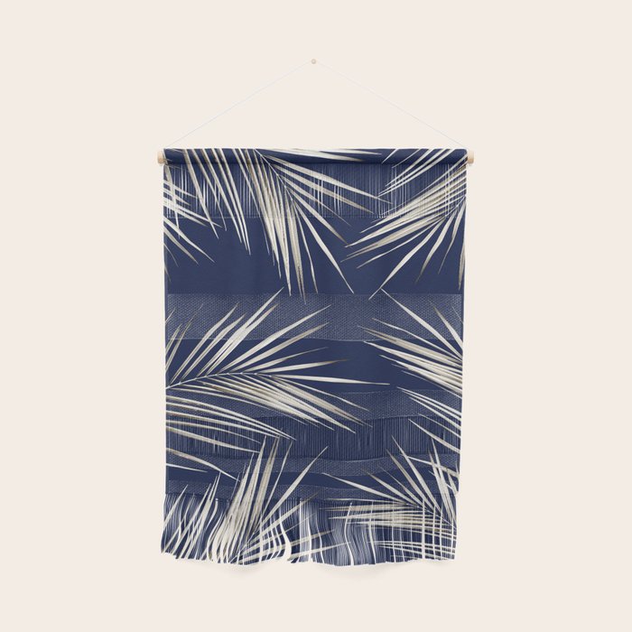 White Gold Palm Leaves on Navy Blue Wall Hanging Gallery Image 1