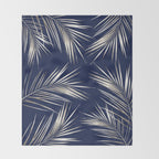 White Gold Palm Leaves on Navy Blue Throw Blanket Gallery Image 2