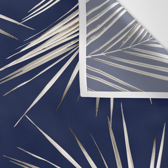 White Gold Palm Leaves on Navy Blue Wall Tapestry Gallery Image 3