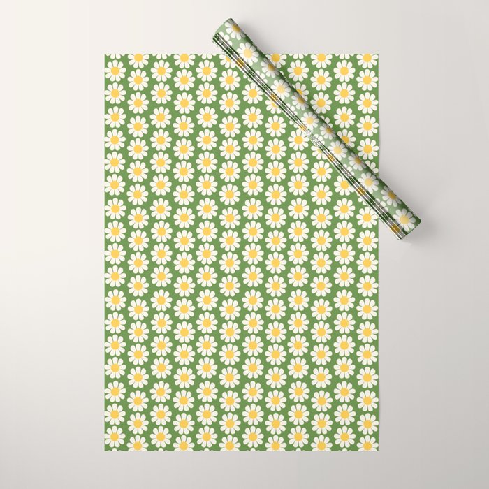 Retro Green Daisy Pattern Wrapping Paper Gallery Image 1