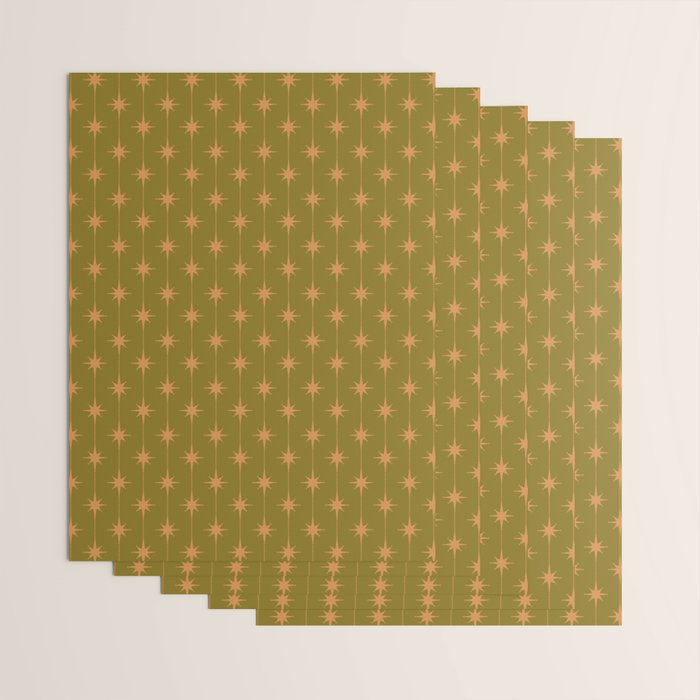 Mid Century Modern Stars and Dots Pattern in Vintage Olive Green and Orange Wrapping Paper Gallery Image 3